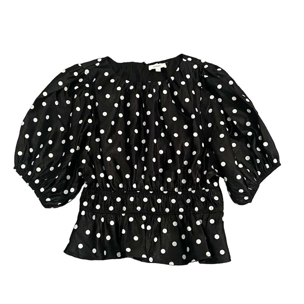Bohme Women’s Terri Polka Dot Peplum Top Size Medium Black White Puff Sleeves